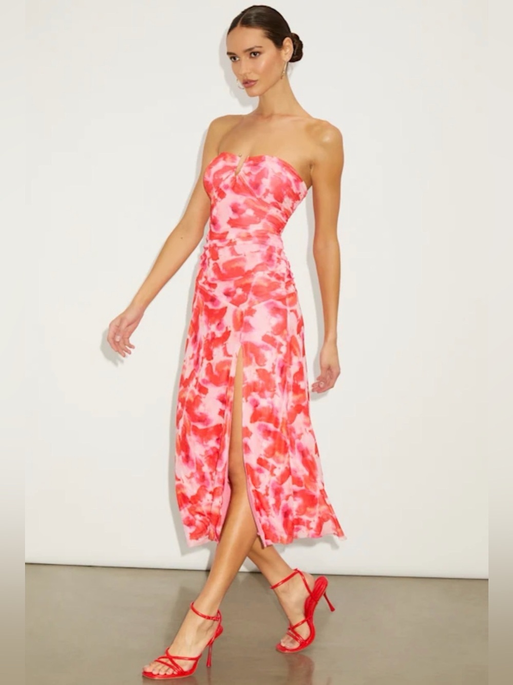 Lulus Strapless Pink Abstract Midi Mesh Dress size Medium